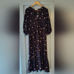 NWT LUSH Floral Black Lace Up Maxi Dress | 3/4 Balloon Sleeves | Sz Medium